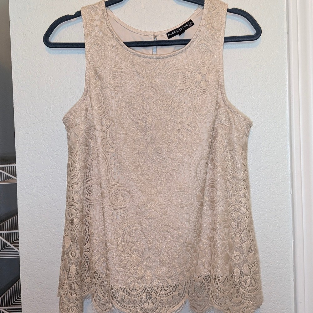 Three Pink Hearts Lace Sleeveless Top Off White Gold Metallic Scalloped Hem L